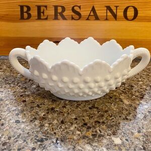 Vintage FENTON Hobnail White Milk Glass Double Handled Open Dish Scallop Edge